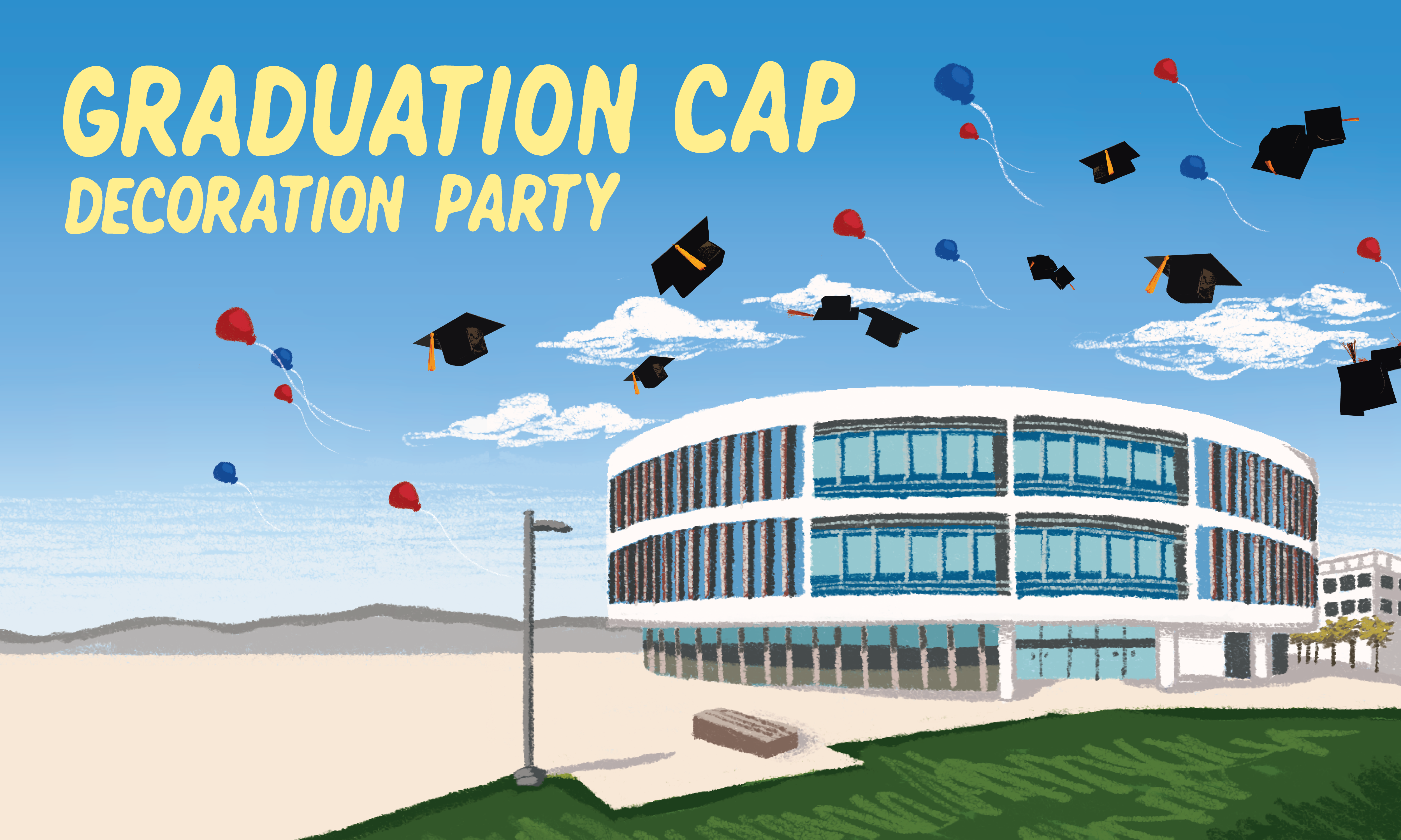 Illustration of library with hats in the air